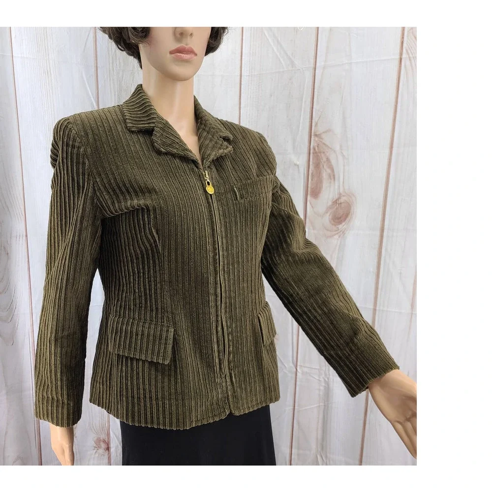 Burberry of London Women's Olive Green Corduroy Jacket Zip Up Size 8P
